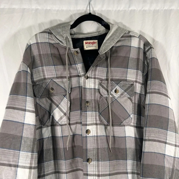 Wrangler Jacket Men's Large Medium Grey Plaid Button Up Hooded Drawstring - Picture 2 of 8